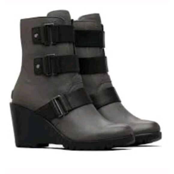 Sorel After Hours Wedge Booties Womens 10 Gray Black Leather Moto Biker Mid Calf - Picture 1 of 11